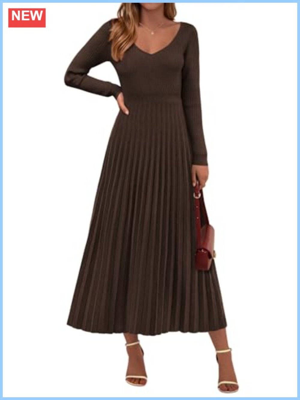 Sweater Dress Long Sleeve Maxi Flowy Pleated Ribbed Knit A-Line